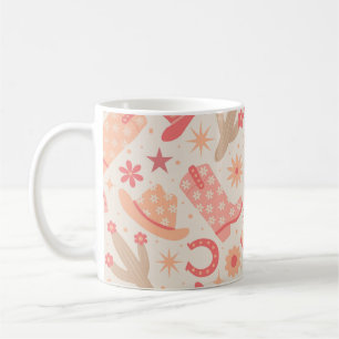 Caneca De Café Padrão de Botas e Chapéus Cowgirl Groovy Peach Fuz