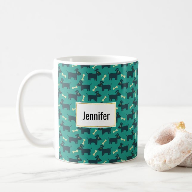 Caneca De Café Padrão de Cachorro Bonito com Osso em Fundo Verde (Com Donut)