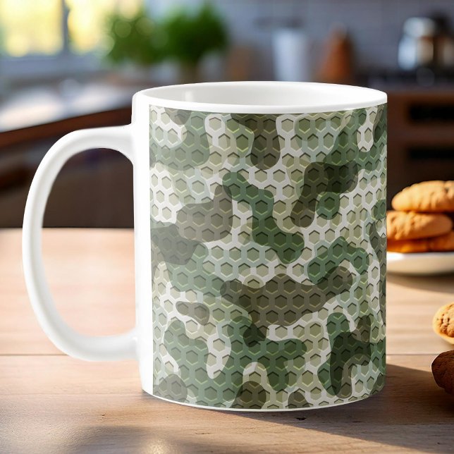 Caneca De Café Padrão de Camo Verde em tons de terra com grade (Criador carregado)