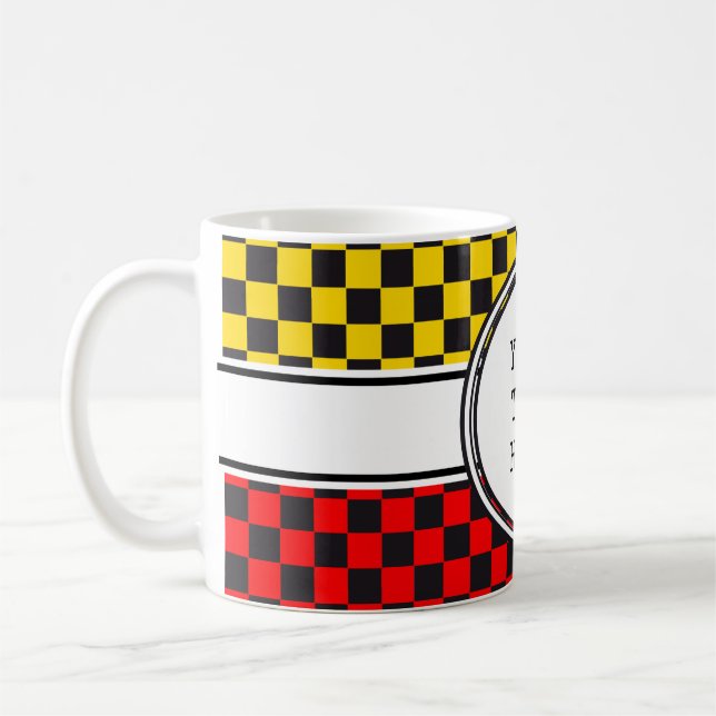 Caneca De Café Padrão de carro de corrida + fundo e texto (Esquerda)