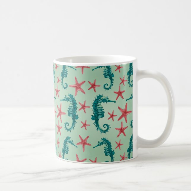 Caneca De Café Padrão de Cavalo-marinho Teal 2 (Direita)