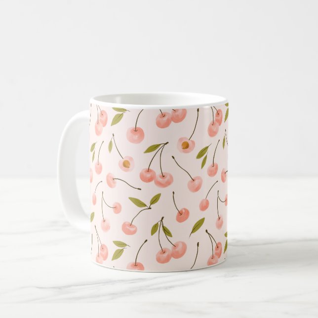 Caneca De Café Padrão de Cereja de Aquarela (Frente Esquerda)