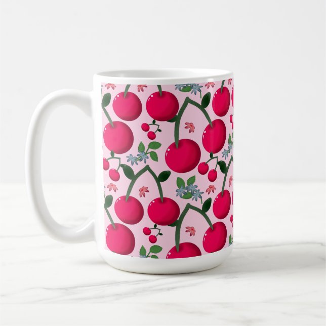 Caneca De Café Padrão de Cereja Fofa, Fruta Kawaii Brilhante (Esquerda)