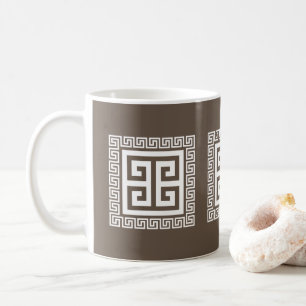Caneca De Café Padrão de Chave Grega Design Branco e Marrom