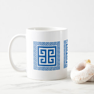 Caneca De Café Padrão de Chave Grega em Design Azul e Branco
