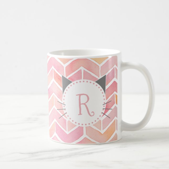 Caneca De Café Padrão de Chevron Cor-de-Rosa | Monograma de Gatos (Direita)