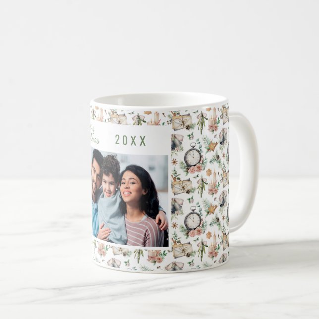 Caneca De Café Padrão de colheita de fotos da família de Natal (Frente Esquerda)