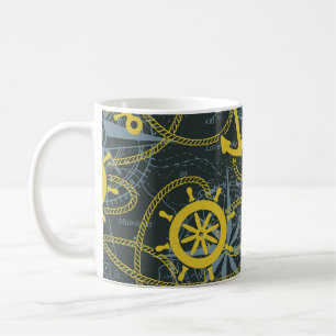 Caneca De Café Padrão de colheita náutica, âncora e mapa.