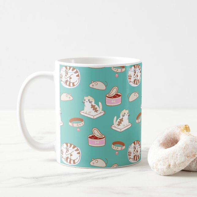 Caneca De Café Padrão de Comida verde-Gatinho bonito | Aquela Gat (Com Donut)