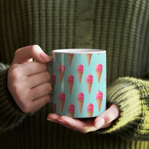 Caneca De Café Padrão de Cone de Sorvete de Morango Rosa, Azul
