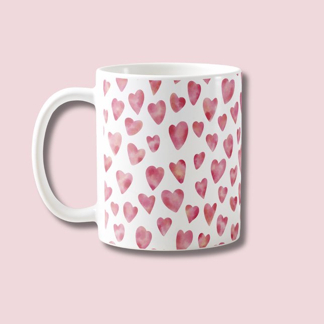 Caneca De Café Padrão de Coração de Amor Rosa Fofo (Pink watercolor love heart coffee mug)