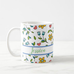 Caneca De Café Padrão de Coração e Floral Coloridos Desenhados