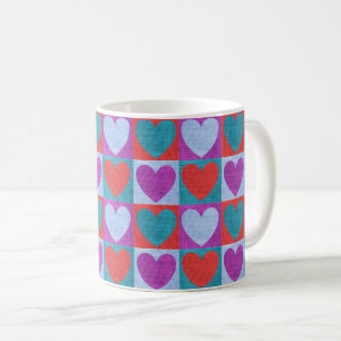 Caneca De Café Padrão de Coração Xadrez Roxo Verde e Vermelho