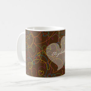 Caneca De Café Padrão de Corações Coloridos na Rede-Marrom-Nome