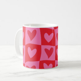Caneca De Café Padrão de Corações Cor-de-Rosa e Vermelhos Xadrez 