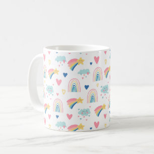Caneca De Café Padrão de Corações e Nuvens do Arco-Íris Cuto