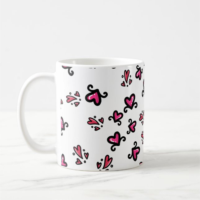 Caneca De Café Padrão de Corações Rosa – Design Fofo de Rabiscos (Esquerda)