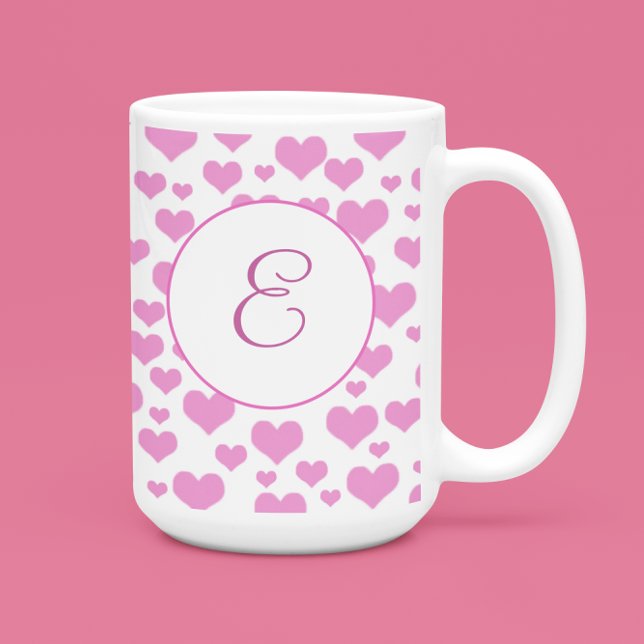 Caneca De Café Padrão de Corações Rosa Monograma Elegante Persona (Criador carregado)
