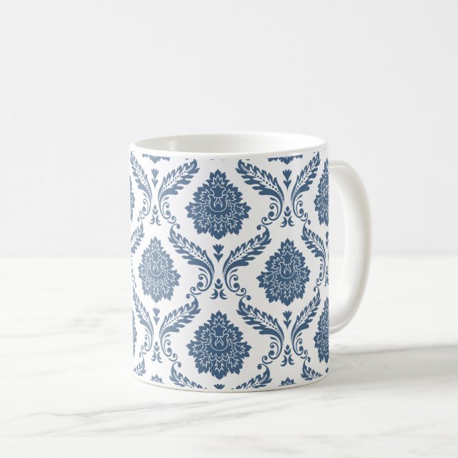 Caneca De Café Padrão de Damasco Rococó Azul sobre Branco (Frente Esquerda)