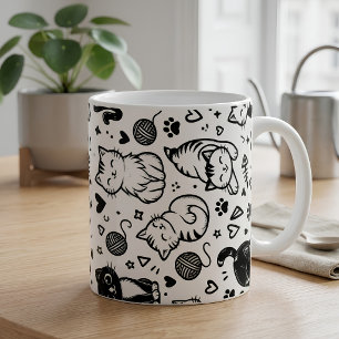 Caneca De Café Padrão de Desenho de Gato Preto e Branco Fofo