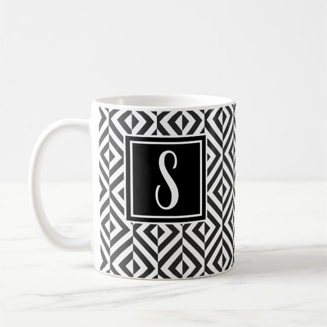 Caneca De Café Padrão de Diamante Branco e Preto do Monograma (Esquerda)