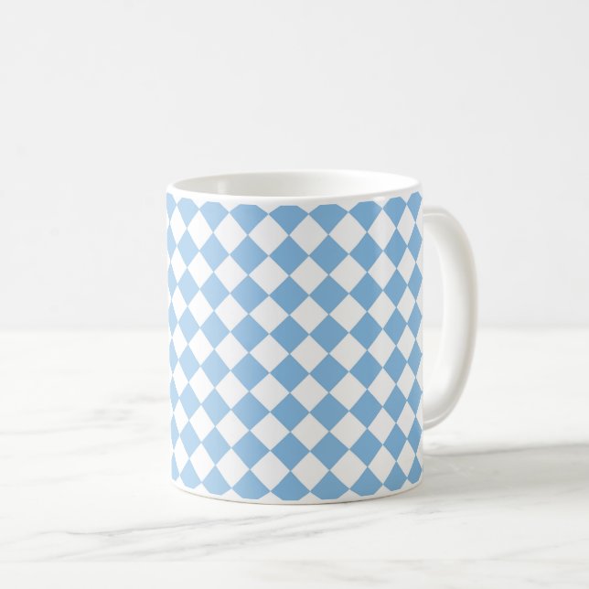 Caneca De Café Padrão de Diamante Xadrez Branco Azul (Frente Esquerda)