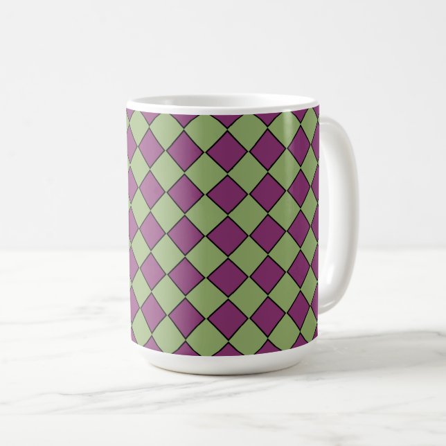Caneca De Café Padrão de Diamante Xadrez Verde Roxo (Frente Esquerda)