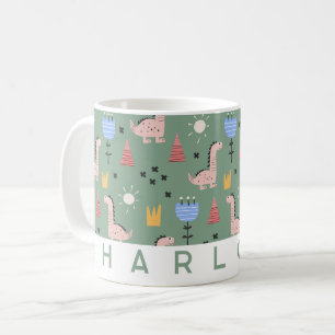 Caneca De Café Padrão de Dinossauro Fofo Crianças Nome Personaliz