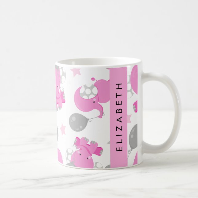Caneca De Café Padrão De Elefantes Rosa, Estrelas, Seu Nome (Direita)