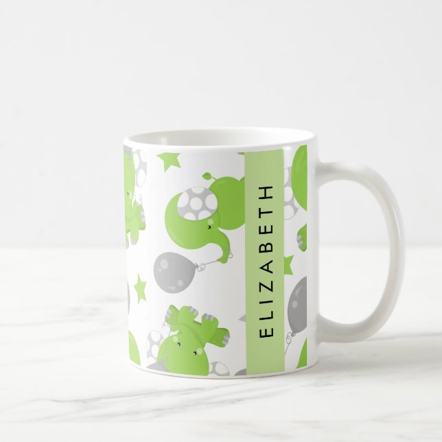 Caneca De Café Padrão De Elefantes Verdes, Estrelas, Seu Nome (Direita)