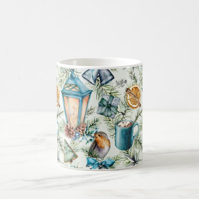 Caneca De Café Padrão de Elementos de Natal em Aquarela Azul (Centro)