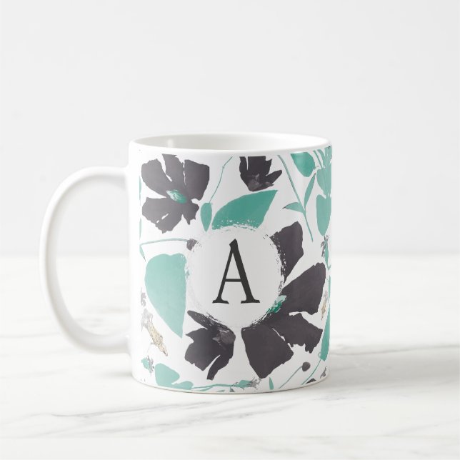 Caneca De Café Padrão De Estirpe Floral Da Cinza Monograma (Esquerda)