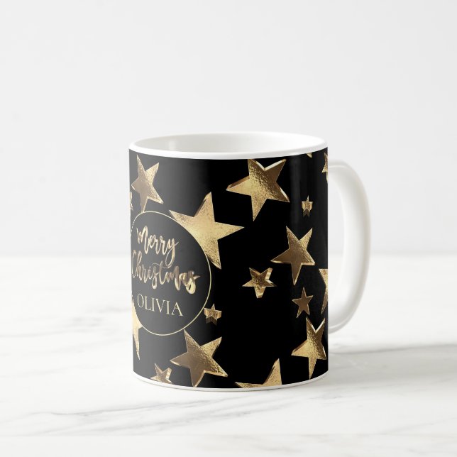 Caneca De Café Padrão de Estrelas Douradas Negras Adicionar Nome  (Frente Esquerda)