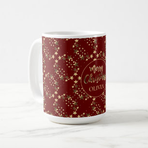 Caneca De Café Padrão de Estrelas Douradas Vermelhas com Nome Fe