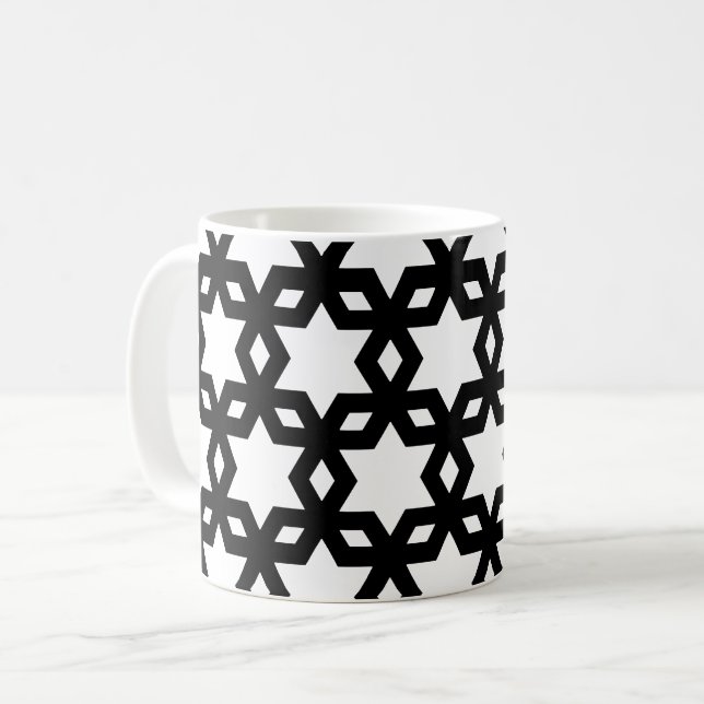 Caneca De Café Padrão de estrelas Legal geométricas brancas preta (Frente Esquerda)