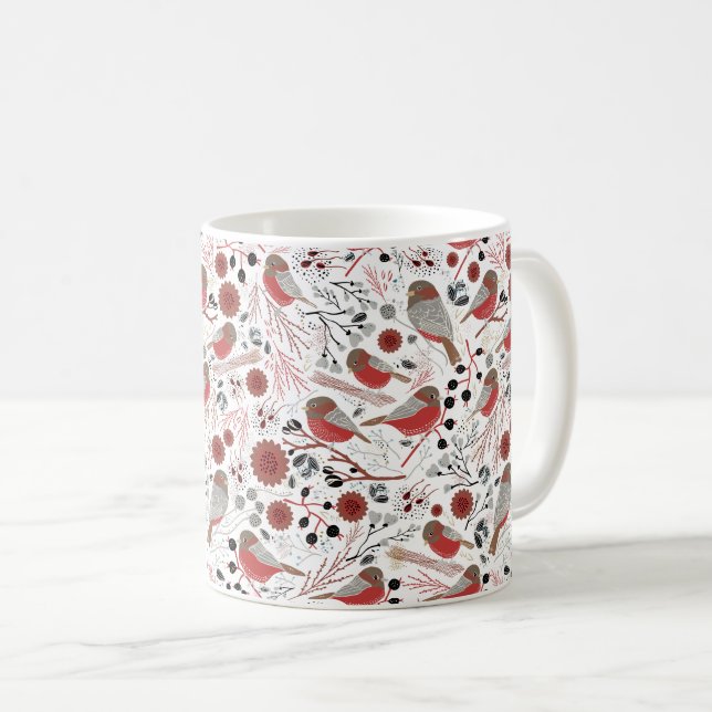 Caneca De Café Padrão De Feriado Vermelho De Chickadees Com Flora (Frente Esquerda)