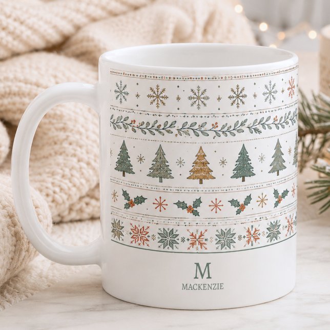 Caneca De Café Padrão de Férias de Natal Monograma (elegant cozy hygge Christmas winter holiday pattern mug with custom monogram initial and name)