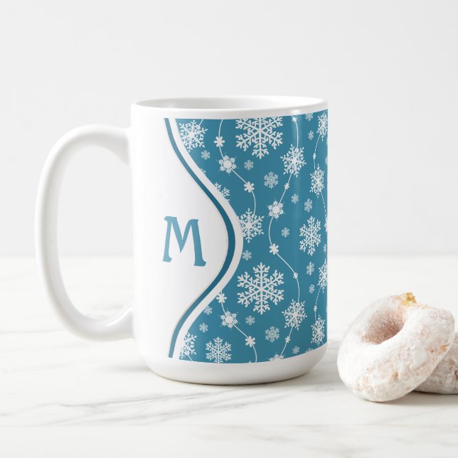 Caneca De Café Padrão de floco de neve branco-de-inverno azul-cla (Com Donut)