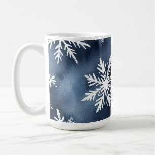 Caneca De Café Padrão de Flocos de Neve em Aquarela em Azul Marin