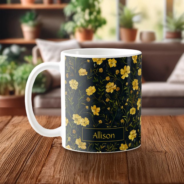 Caneca De Café Padrão de Flor Amarelo Elegante (Criador carregado)