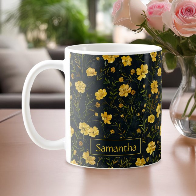 Caneca De Café Padrão de Flor Amarelo Elegante (Criador carregado)