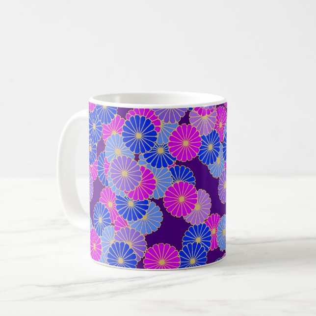 Caneca De Café Padrão de flor Art Deco - violeta, azul e roxo (Frente Esquerda)