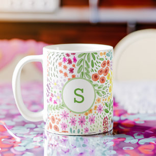 Caneca De Café Padrão de Flor de Aquarela Colorida Primavera Mono