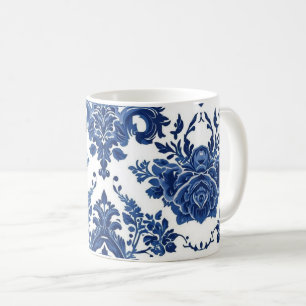 Caneca De Café Padrão de Flor de Damasco Vitoriano Elegante Azul