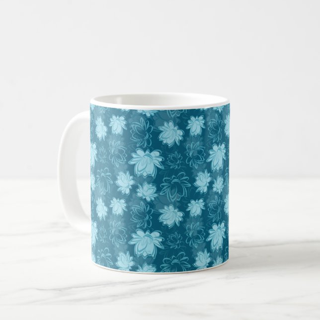 Caneca De Café Padrão de Flor de Lotus Azul no Fundo Turquesa (Frente Esquerda)