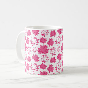 Caneca De Café Padrão de Flor de Lotus Rosa em Fundo Branco