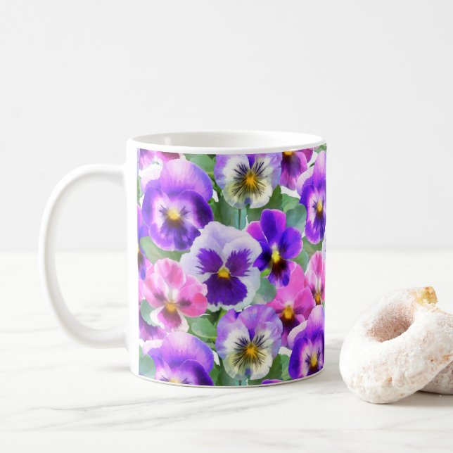 Caneca De Café Padrão de Flor de Pansy Violetas Coloridas (Com Donut)