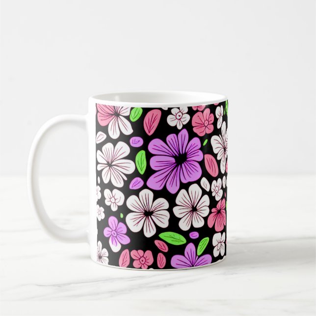 Caneca De Café Padrão de Flores e Pétalas Roxas e Rosas Preto (Esquerda)