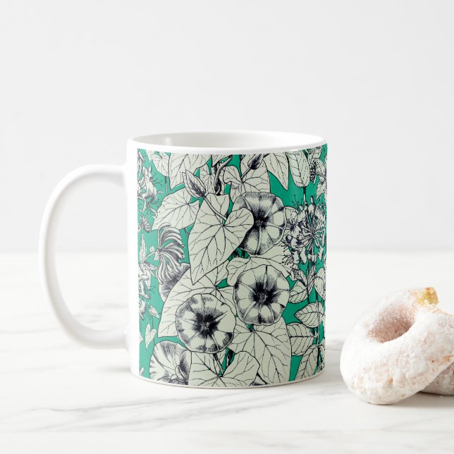 Caneca De Café Padrão de Flores Gráficas Brancas Verde (Com Donut)