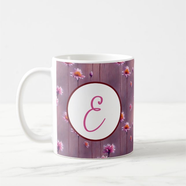 Caneca De Café Padrão de flores rosa e laranja monograma (Esquerda)